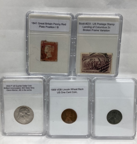 (1) 2022 P Mint State Brilliant Uncirculated US Quarter Dollar Coin Obverse Profiles George Washington Reverse Nina Otero-Warren 4th Quarter in Series, (1) 1909 VDB US One Cent Coin, (1) 1943 US Emergency Issue Steel Wheat Back Lincoln 1 Cent Coin, (1) 18