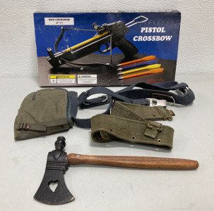 (1) 50lb Mini Pistol Crossbow W/ 4 Bolts, (1) German Y Strap, (1) British Utility Belt, (1) French Trader Carbon Steel Tomahawk, (1) Pair German Winter Trigger Finger Shooter Mittens