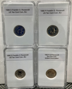 (4) US D Franklin D Roosevelt Ten Cent Coins Brilliant Uncirculated