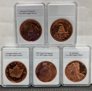 (5) 1 oz .999 Fine Copper Rounds… American Prospecter, Dont Tread On Me, Canadian Maple Leaf, 1787 Fugio Cent Design, St. Gaudens