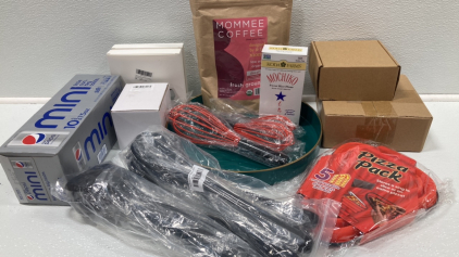 Mommee Coffee, Sweet Rice Flour, Set of 3 Whisks, (2) Set of 4 Kitchen Utensils, Case of Mini Cans of Diet Pepsi, (2) Mug Warmers, Pizza Pack, Canning Jar Lid Seals, Air Fryer Parchment, Cocktail Smoker, Green and Gold Tray