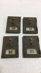 (4) Vintage Brass Post Office Box Doors With Glass And Numbers