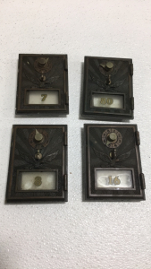 (4) Vintage Brass Post Office Box Doors With Glass And Numbers