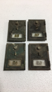 (4) Vintage Brass Post Office Box Doors With Glass And Numbers