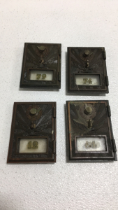 (4) Vintage Brass Post Office Box Doors With Glass And Numbers