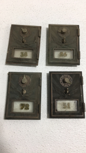 (4) Vintage Brass Post Office Box Doors With Glass And Numbers