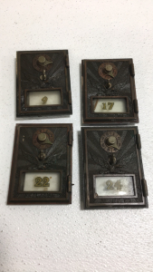 (4) Vintage Brass Post Office Box Doors With Glass And Numbers