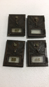 (4) Vintage Brass Post Office Box Doors With Glass And Numbers