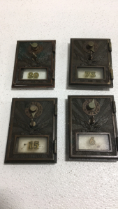 (4) Vintage Brass Post Office Box Doors With Glass And Numbers