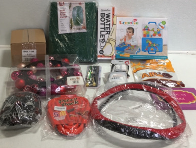 (1) Mewoofun Pets Water Bottle (1) Red Universal Steering wheel Cover (1) Beauty Creations By Anna Makeup Set (1) Allie XL Pet Recovery Suit (1) Creative Box Puzzle Disassembly Toy (1) Pull Over Tree Covers (1) Christmas Ornament Wreath (5) Pizzapack Pizz