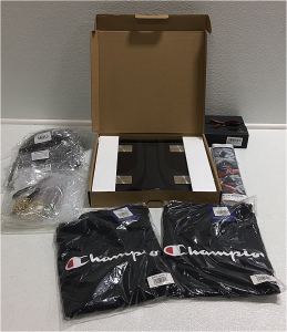 (1) Enerplex Digital Smart Scale (2) Champion Black T Shirts Size Medium (3) Grey LED Light Beanies (1) Kyrievel Jewelry Making Set (1) Quilt by numbers set