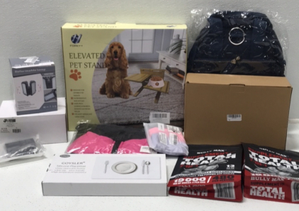 (1) Elevated Pet Stand (1) Deformable Lamp (1) JOYIN Bubble Gun (1) Silicone Place Mat 4-piece (1) XL Dog Vest (1) 2-piece Solar Lights (1) Garage Door Opener (1) Joseko Nylon Backpack (2) Bully Max Supplement for Total Health