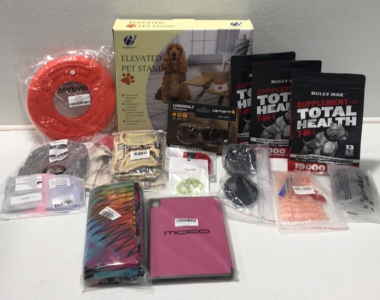 (1) Elevated Pet Stand (3) Bully Max Supplement for Total Health (1) Carhartt Carbondale Safety Eyewear (1) Tablet Case for Lenovo Tab P11 (1) Sun and Moon Rainbow Tapestry and More