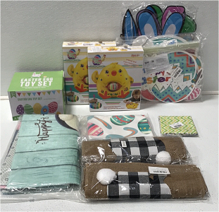 (2) Magic Egg Decorator (1) 48-piece Easter Toy Set (2) Easter Lawn Ornaments (2) Easter Farm Decor Table Runners (1) Easter Table Runner (1) Easter Doormat (1) Easter Fabric Squares (10x10)