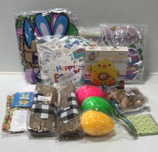 (4) Various Easter Lawn Ornaments (1) Magic Egg Decorator (1) Wooden Egg Paint Set (2) Easter Farmhouse Table Runners (1) Easter Wreath Bow Decorations (1) 3-piece XL Easter Eggs w/ Toys (1) 10-piece Easter Fabric Squares (10x10)