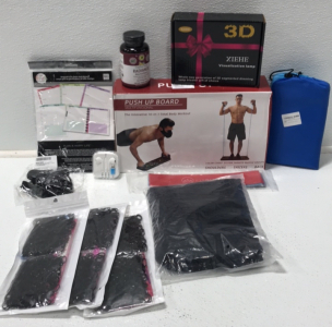 (1) Multifunctional Push Up Board (1) 3-piece Fitrise 365 Exercise Bands (1) Large Black Exercise Leggings (3)Rubber Hair Tie Elastics (1) Wired Ear Phones (1) Planner Pages