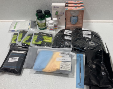 (3) Children’s Sonic Toothbrush, No Contact Thermometer, (3) Fenugreek Seed, (3) Floranex One, Ice Pack, (2) Beanies w/ Headlamp, Kids Neck Gaiters, Dental Tool, (4) Plantar Fasciitis Socks, Brace, (4) Cloth Masks