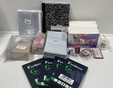 (3) Composition Notebooks, (2) Abstract Note Cards, Puffy Stickers, (4) Nintendo Switch Screen Protectors, (3) DIY Oil Painting Kits, Baseball Memorabilia Display, Photo Booth Backdrop, and more