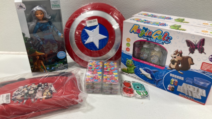 (3) Captain America Shields, (2) Magic Gelz Sets, Disney Human Sisu Doll, Anime Backpack, Puffy and Regular Stickers