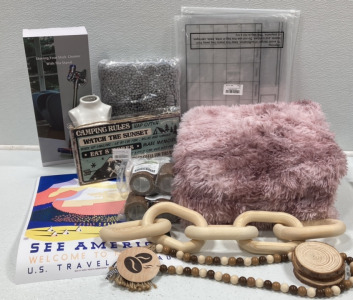 Pink Shag Rug, Gray Bath Mat, (2) Acrylic Calendars, Stick Vacuum Stand, Vase, Camping Rule Sign, Soap Dishes, Wood Tape, Vintage America Poster, Wood Decor