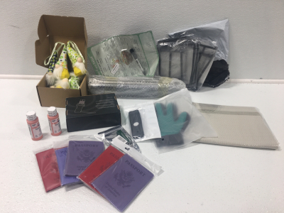 Grill Heat Plates, 4pk Placemats, (5) Passport Covers, Salad Magnet, Apple TV Remote Cover, Keychain, Box of Plush Knomes, Kitchen Soap Dispenser , Pet Grooming Glove, (2) Coral Craft Paint, Closet Organizer