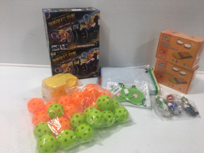 (2)Bubble Guns, (2) Straws and Construction, (2) Bags of Softballs, (2) Folders 10pk, Frog Eye Mask, Mario Figures.