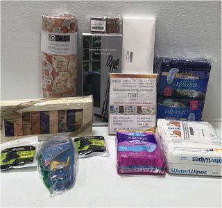 Feminine Hygiene Products Including Pads, Liners and Water Wipes (1) SoHome Anti-Fatigue Floor Mat (1) Bathroom Decor Set (1) DrScholls Massaging Gel Insoles and More