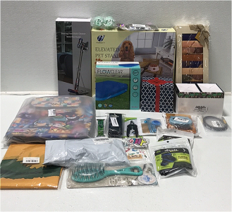 (1) Foreyy Elevated Pet Stand (1) Stick Cleaner Stand (1) Pok&eacute;mon Laptop and Switch Sleeves (1) FlowClear Pool Cover (1) Painistic Adhesive Strapless Bra and More