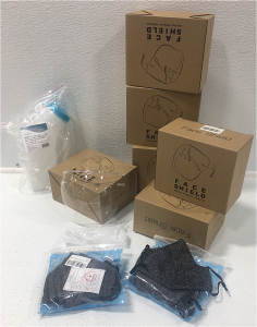 (6) Boxes of face shields, (2) bags of grey face masks, Mens urial