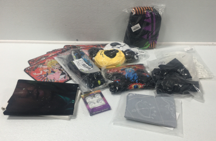 (2) Tapestry, Mens Shirt Size XL, Womens Workout Shirt Size M, Water Shoes Size 39 Euro, (6) Anime Mouse Pads , 2pc Plush Toy, Rope, Fake Eyelashes , Halloween Decor