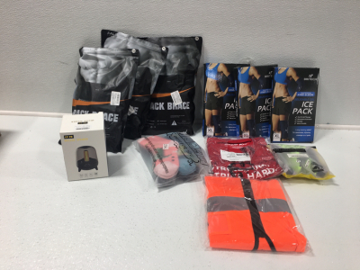 (3) Fala Back Braces, (3) Reuasble Ice Packs, Reflective Vest, Wireless Speaker , Mens T-Shirt XL, Socks, Dog Harness