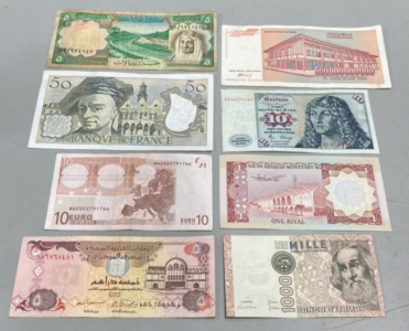 (8) Various Currency Bills From Saudi Arabia, Yugoslavia, France, Germany, Italy, United Arab Emirates,