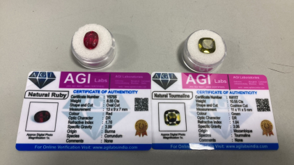 (1) 8.55ct Natural Red Ruby Oval Cut, (1) 10.55ct Natural Green Tourmaline Cushion Cut Gemstone. Both W/ COA