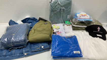 Duffel Bag, (3) Kids Snow Pants, White Dress, Encanto Outfit, (2) Jean Jackets, (2) Champion Tshirts, Novelty Socks, Mustang Ballcap, &ldquo;Thinking Cap&rdquo; SP2