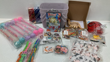 (2) Plastic Baskets, Dino Piggy Bank, Spider-Man Mask, Hogwarts Ties, Batons, Cow Keychains, Scratch Paper, Anime Stickers, Popper Bracelets, Pok&eacute;mon Wallet, The Nuttiest Nutcracker DVD SP2