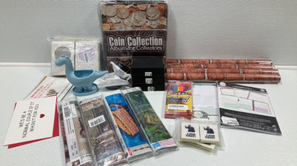 (2) Coin Collection Albums, (4) Rolls of Brick Wallpaper, (2) Planner Inserts, Colored Pencils, (4) Diamond Painting Kits, (3) Box of Acrylic Paints, Greeting Cards, Dinosaur Planter, (2) Vinyl Scrap Collectors, Biden Stickers SP2