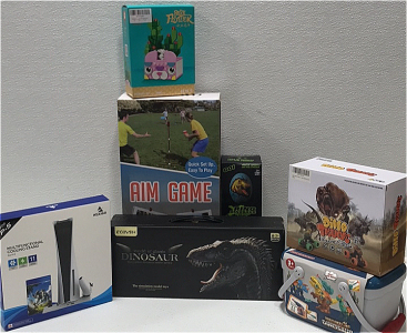 (1) Aim Game (1) Dinosaur Simulation Model Toy (2) Ring Dinosaur Fighting Game (1) Dismantling Dinosaur Toy Kit (1) Please Dino Truck (1) P-5 Multifunctional Cooling Stand SP3