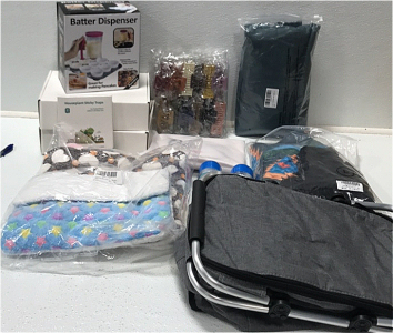 (2) Air Fryer Liners (1) Batter Dispenser (1) 2-pack Table Runners (1) Insulated Picnic Basket/Lunchbox (1) L Western Print Sweater (1) Dog Bed Blankets and More SP5