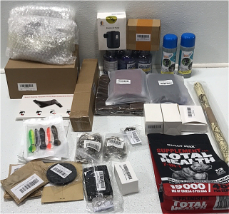 (1) Tractor Mower Carb Kit (1) Electric Air Pump (1) Hide-a-Bottle Leather Bag (2) Black Wall Hangers (2) Peg Board Shelving Bracket (2) Garage Door Openers and More SP5