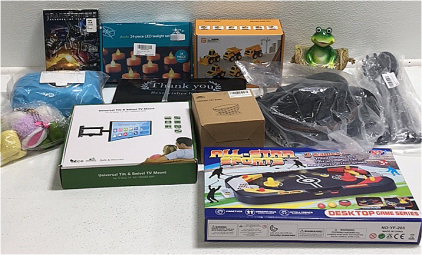 (1) All Star Sports Desktop Hockey Gamev(4) Heart Shaped Kitchenware (1) Womens Sun Hat (1) Ceramic Pet Bowl (6) Construction Truck Toys (50) Thank You Merchandise Bags (1) 14”-43” Universal Tilt and Swivel Tv mount (3) Easter Bunny Gnomes (1) 24-Piece LE