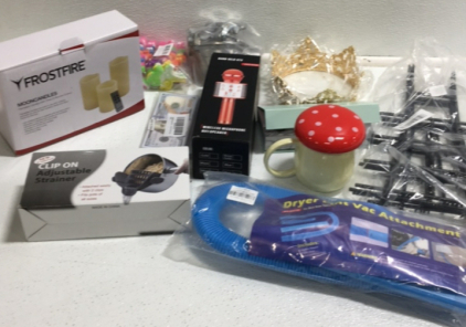 (1) Hand Held Ktv Wireless Microphone (1) Frostfire Moon Candles (1) Clip on Adjustable Strainer (1) Mushroom Coffee Cup With Lid (1) Scilla Rose Face Roller (1) Dryer Lint Vac attachments (1) Small Engine Carburetor and More SP8