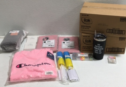 (1) Size XL Womens Pink Champion Sweater (20) Ukraine Car Flags (72) Dole Peach Cups (1) Fishing Lure Making Kit (1) Grandfather Tumbler (2) Home Queen 37” x 18” Blackout Curtain Valence (6) Jumbo Hair Braid Packs SP8