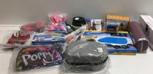 (6) Construction Toy Truck (1) healthex Neck Roll Pillow (1) Sunny Seat Gel Seat Pad (1) Makeup Carry Case (1) Poppy Time Backpack (150) 2.6 gallon Trash bags (1) Kids Soccer Shin Gaurds and More SP4
