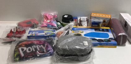 (6) Construction Toy Truck (1) healthex Neck Roll Pillow (1) Sunny Seat Gel Seat Pad (1) Makeup Carry Case (1) Poppy Time Backpack (150) 2.6 gallon Trash bags (1) Kids Soccer Shin Gaurds and More SP4