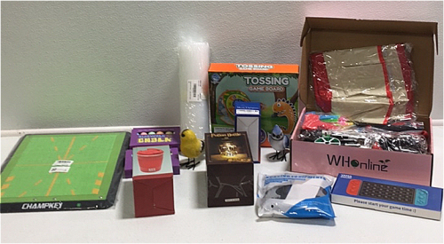 (1) Whonline Gardening Tool Kit (1) Yama Pop Switch (1) Harry Potter Potion Bottle (1) Dooit 100-String LED Lights (1) Handroom Tossing Board Game (2) 6-Pack Sidewalk Chalk Sets (1) Champkey Professional Golf Hitting Mat SP4