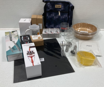 Lunch Bag, Wine Stoppers and Aerators, Measuring Spoons, Air Fryer Parchment, Paper Towel Holder, Grill Mat, Silicone Dough Hook, “Funny” Coffee Mug and Wine Tumblers, Regat Canning Lids, Cocktail Smoker SP14