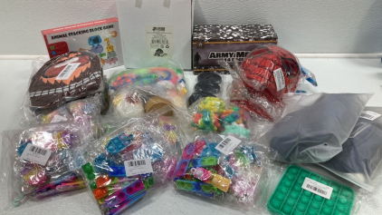 Army Men, Spider-Man Masks, Captain America Masks, Various Fidget Poppers and Toys, Garden Tool Set, Animal Blocks, Chewbacca Among Us Plushes, Harry Potter Wristbands SP3