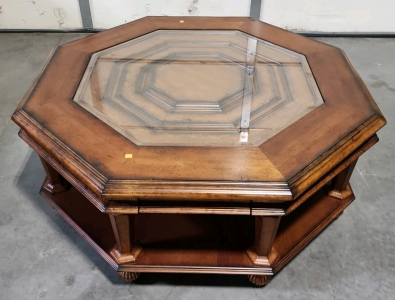 8 Sided Wood/Glass Coffee Table w/ 4 Drawers