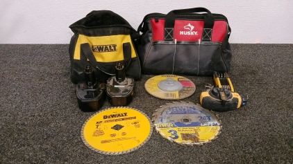 DeWalt and Husky Tool Bags with Chargers, Saw Blades, and More