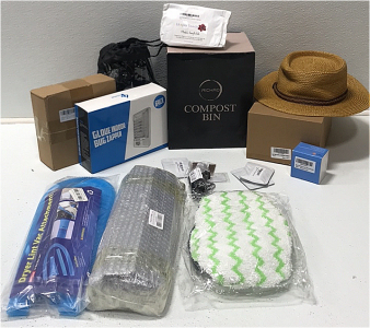 (1) Compost Bin (1) Indoor Bug Zapper (1) Expandable Garden Hose (1) Grill Tamers Replacement Parts (1) Sing Drain Plugs (1) Dryer Lint Vacuum Attachment (1) Clean Filter Kit and More SP19